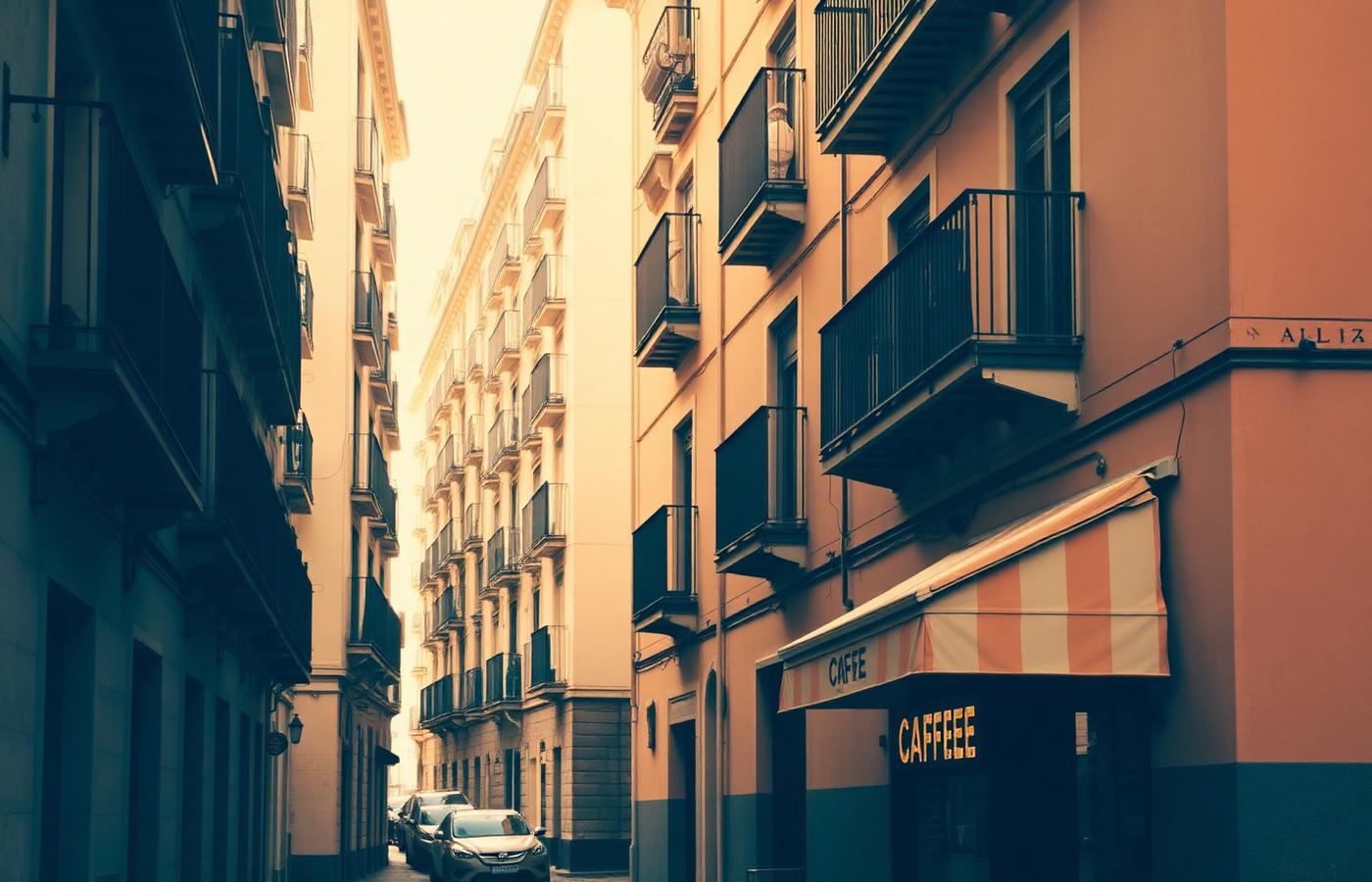 Calle de Madrid con balcones y una cafetería